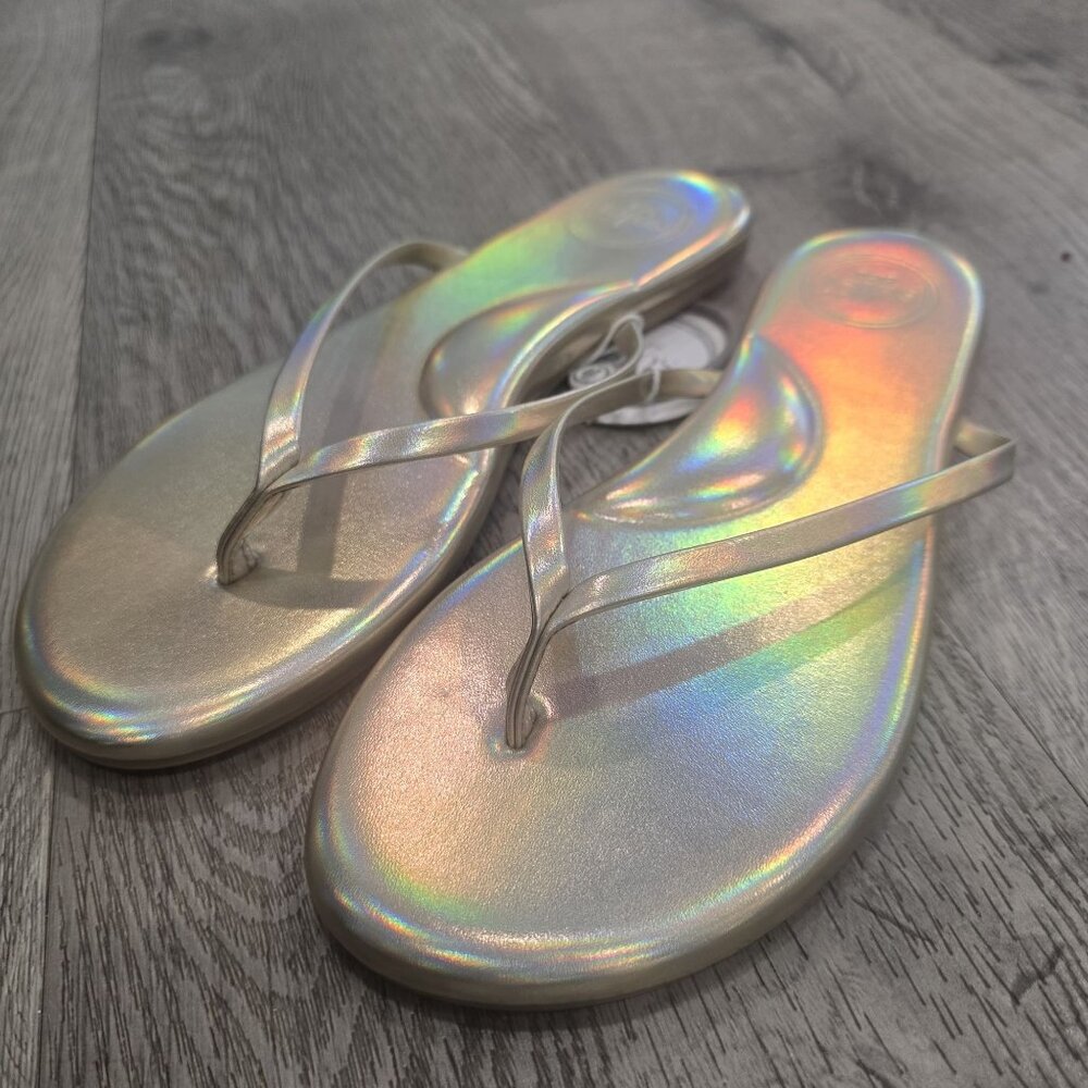 Soléi Sea NWT holographic gold Iridescent Flip Flops Women Size 11 with hair tie - Picture 8 of 12